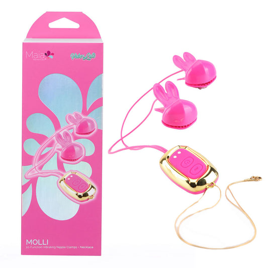 Maia MOLLI - Pink - Pink USB Rechargeable Vibrating Nipple Clamps & Necklace