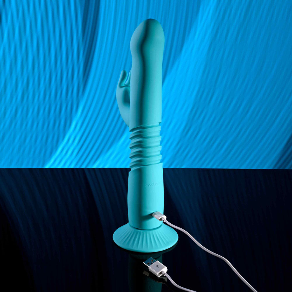 Evolved BUNNY HOP - Teal 25.1 cm USB Rechargeable Thrusting Rabbit Vibrator with Suction Base