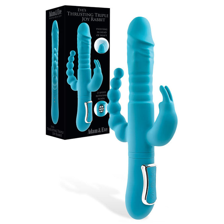 Adam & Eve THRUSTING TRIPLE JOY RABBIT - Teal 25.4 cm USB Rechargeable Rabbit Vibrator with Anal Probe