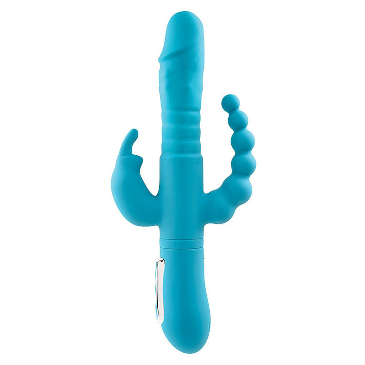 Adam & Eve THRUSTING TRIPLE JOY RABBIT - Teal 25.4 cm USB Rechargeable Rabbit Vibrator with Anal Probe