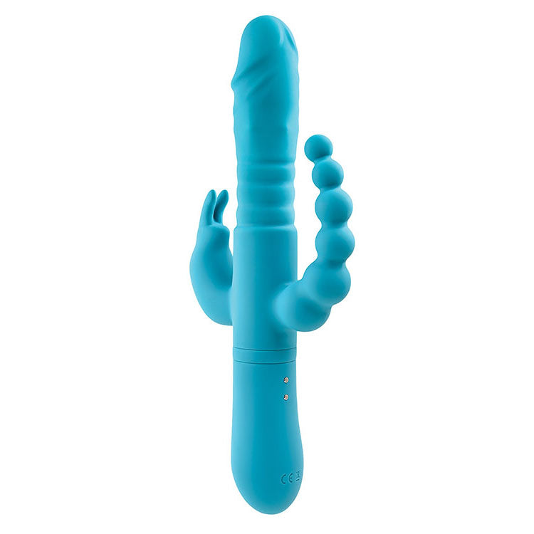 Adam & Eve THRUSTING TRIPLE JOY RABBIT - Teal 25.4 cm USB Rechargeable Rabbit Vibrator with Anal Probe