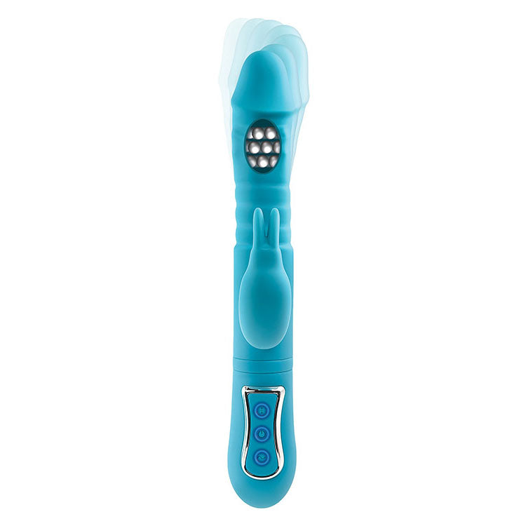 Adam & Eve THRUSTING TRIPLE JOY RABBIT - Teal 25.4 cm USB Rechargeable Rabbit Vibrator with Anal Probe