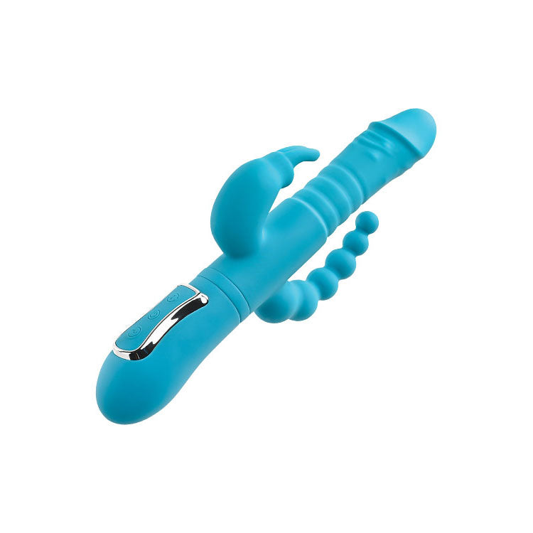 Adam & Eve THRUSTING TRIPLE JOY RABBIT - Teal 25.4 cm USB Rechargeable Rabbit Vibrator with Anal Probe