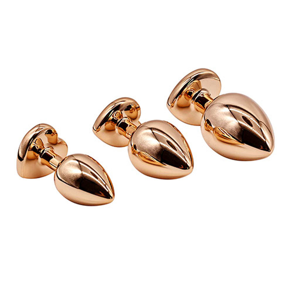 Adam & Eve ROSE GOLD HEART GEM ANAL TRAINING SET - Rose Gold Metal Anal Plugs with Pink Gem Bases - Set of 3 Sizes
