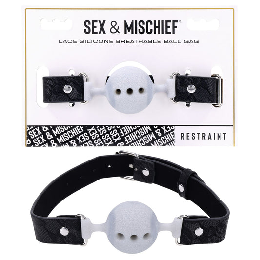 Sex & Mischief Lace Silicone Breathable Ball Gag - Black/Grey Mouth Restraint